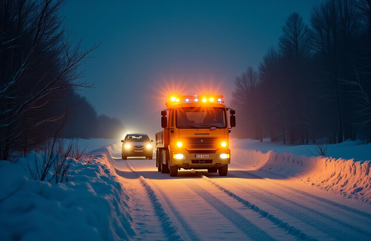 Rettungsengel Abschleppwagen hilft einem Auto auf einer verschneiten Straße in der Nacht.